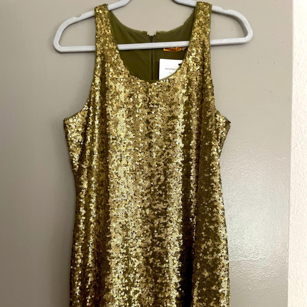 Alice + Olivia Silk Mini Sheath Dress, Gold sequin embellishments.